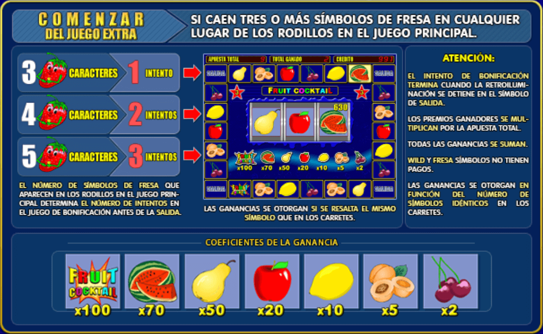 Para iniciar un juego extra, los jugadores necesitan conseguir 3, 4 ó 5 símbolos de fresa, que les concederán 1, 2 ó 3 intentos respectivamente. La ronda de bonificación finaliza cuando el área resaltada se detiene en el símbolo de Salida. Las ganancias se multiplican por la apuesta total y se conceden cuando el símbolo resaltado coincide con uno de los rodillos. Los símbolos de comodín y fresa no tienen pagos. La sección inferior enumera los multiplicadores de pago de los distintos símbolos, siendo el símbolo Fruit Cocktail el que ofrece el multiplicador más alto de x100.